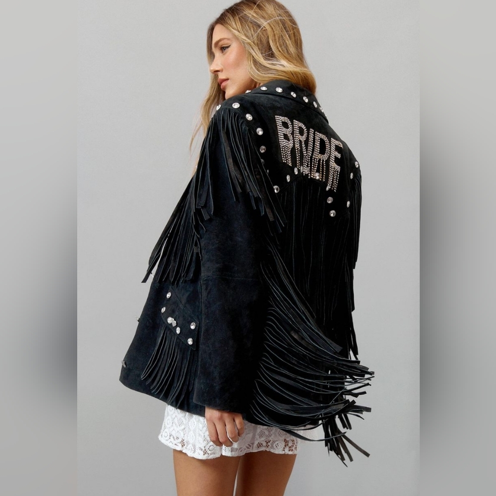 Genuine Suede Leather Bridal Embellished Fringe Jacket